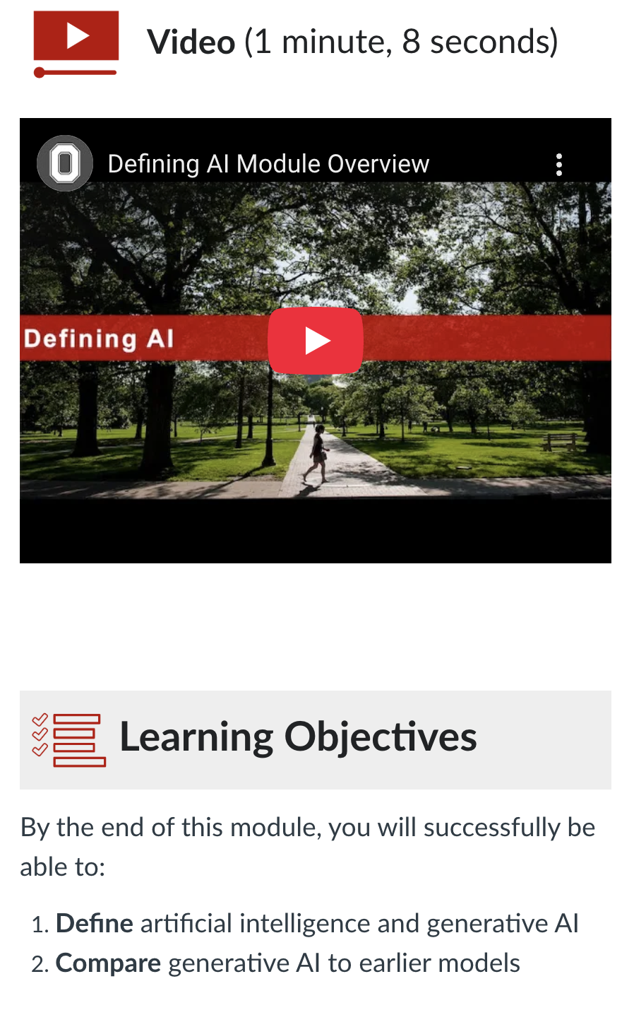 Defining AI module overview video and learning objectives