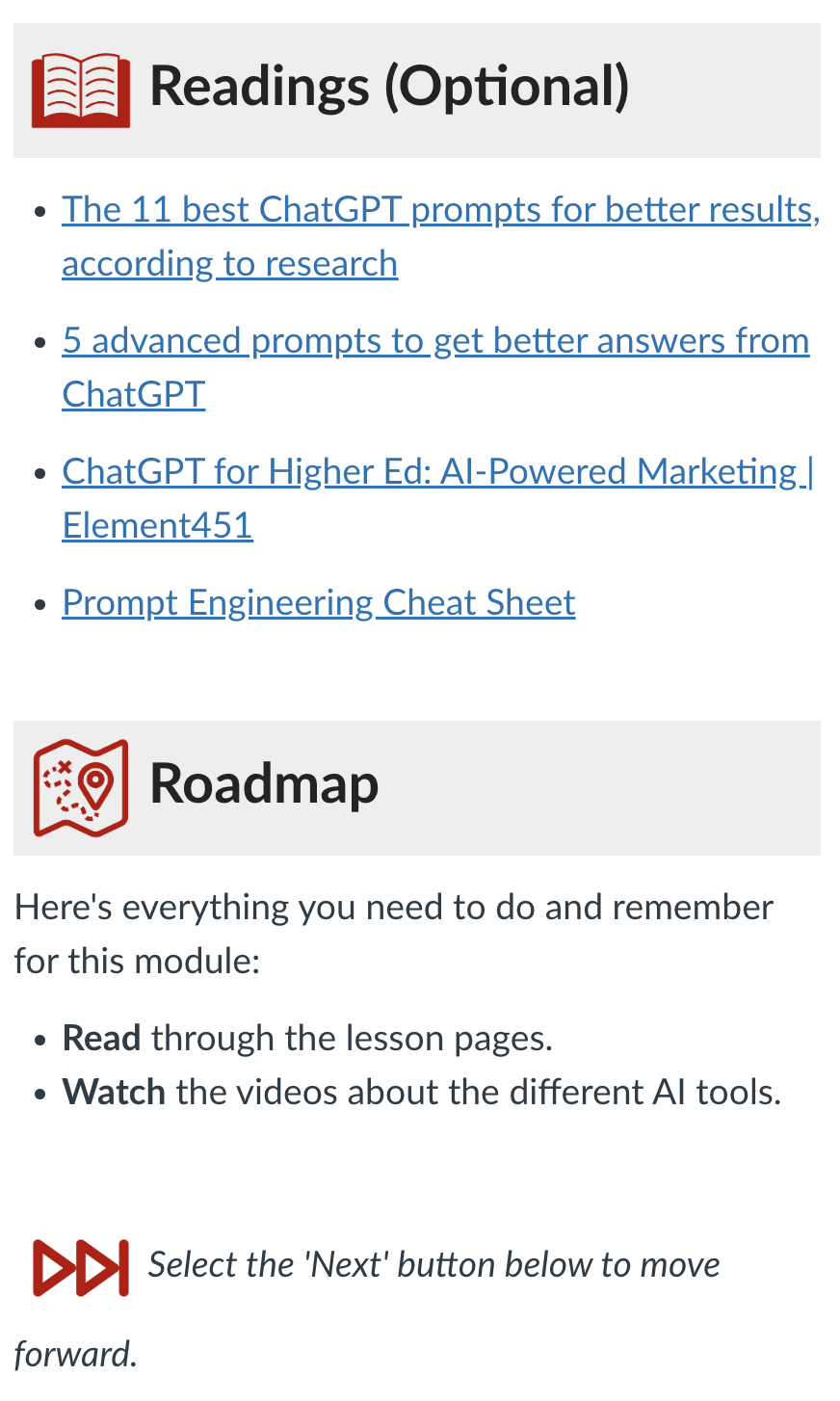 Setting expectations with a list of readings and tasks to complete
