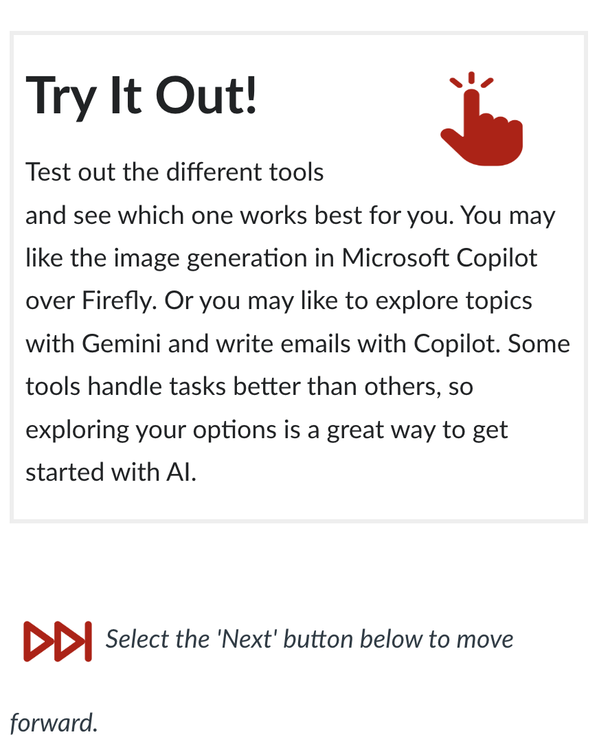 Tool tip box in Defining AI module. Try out different AI tools